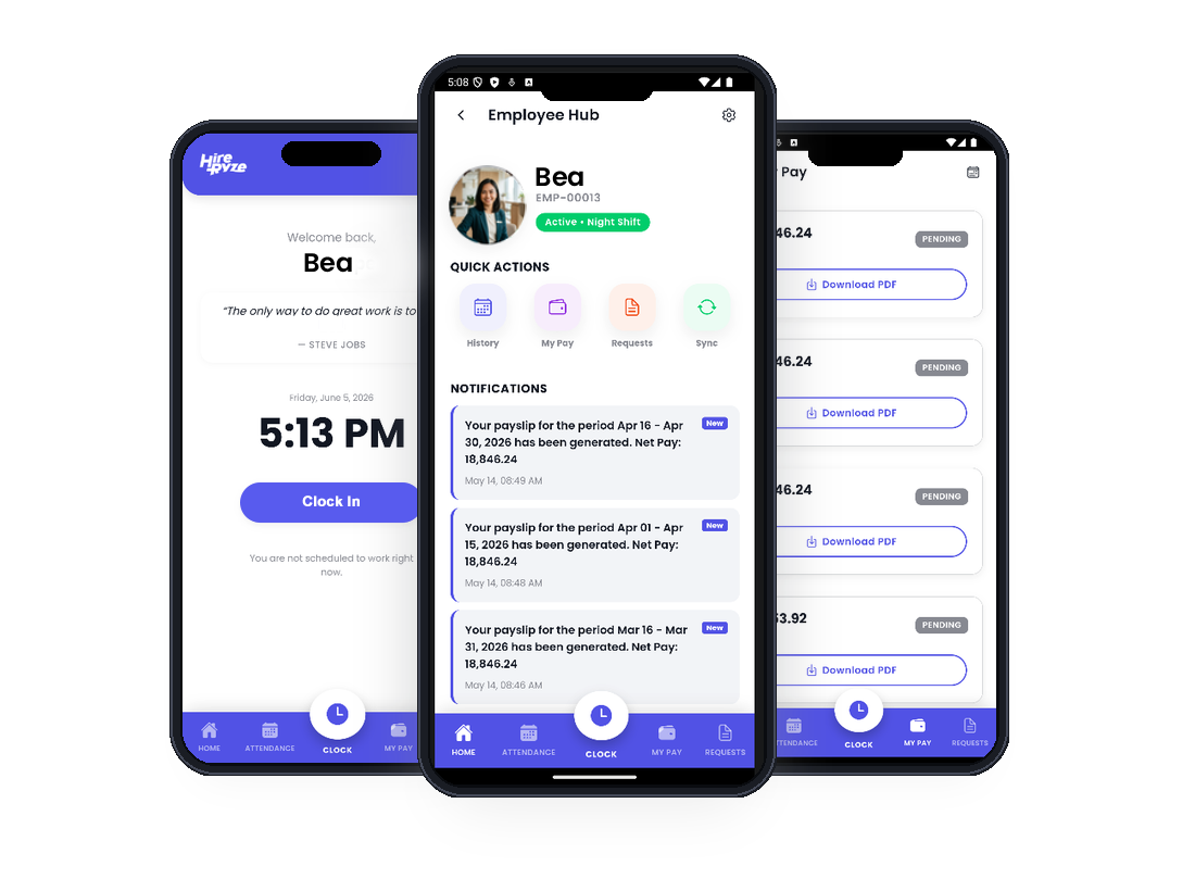 HireRyze Mobile App Showcase - Clock In, Employee Hub, and My Pay
