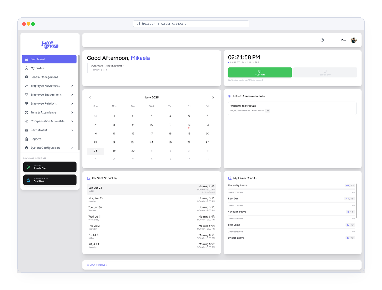 HireRyze Workspace Console Mockup